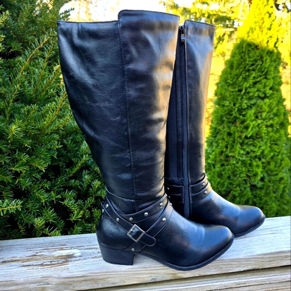Torrid NEW!! Black Vegan Leather, Studded  Strap Tall Boots. Women's Size 9.5W